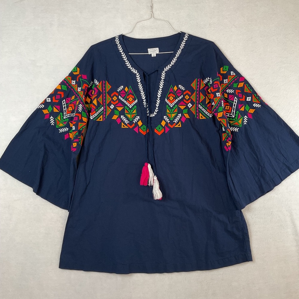 Mud Pie Navy Blue Embroidered Tassel Tunic Top Bell Sleeve Womens Medium